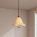 Stylish Pendant Light With Beige Wavy Shade And Wooden Top In Bright Room