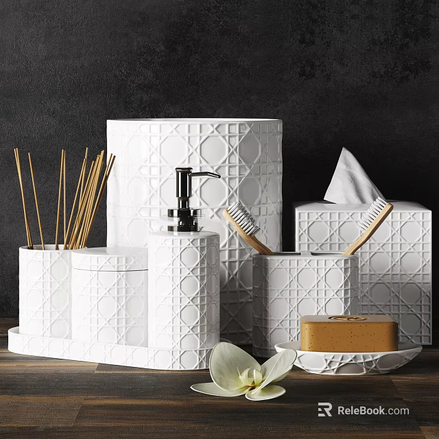 White Ceramic Bathroom Accessories Set With Soap Dispenser Toothbrush Holder Tissue Box And Incense Sticks 3d model 
