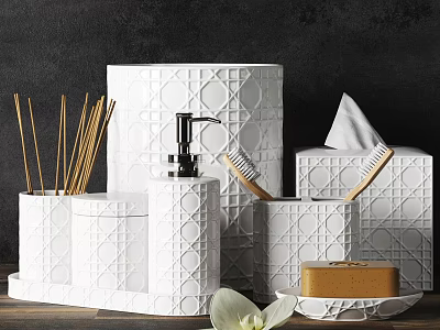 White Ceramic Bathroom Accessories Set With Soap Dispenser Toothbrush Holder Tissue Box And Incense Sticks 3d model