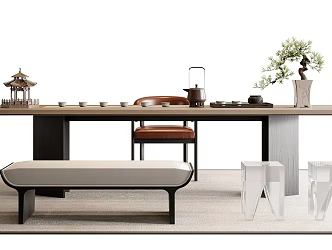 Modern Tea Table and Chair Combination Acrylic Stool Bench Tea Set Potted Plant Decorative Leather Chair 3d model