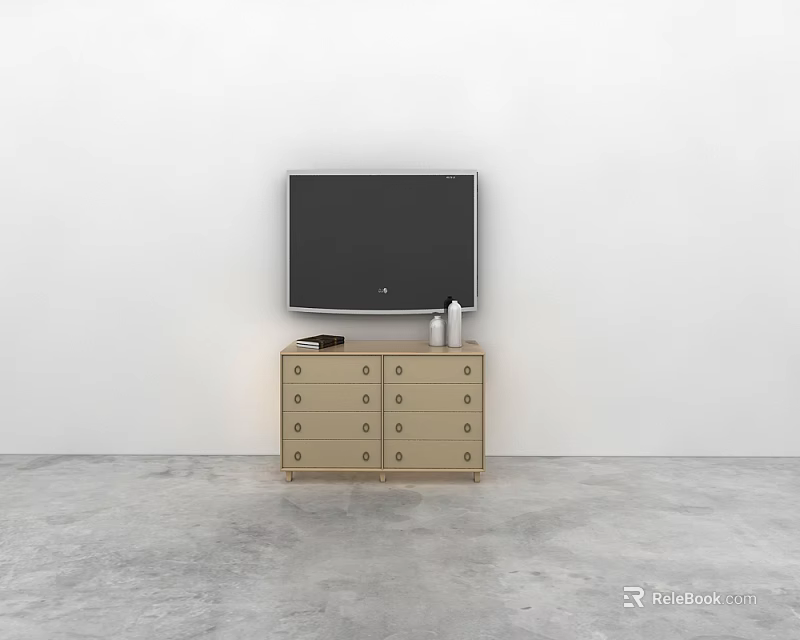 Light Wooden TV Stand with Multiple Drawers and TV on White Wall Gray Floor 3d model 