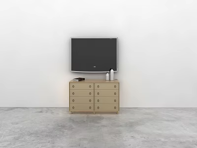 Light Wooden TV Stand with Multiple Drawers and TV on White Wall Gray Floor 3d model
