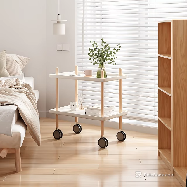 Two Tier Wooden Side Table with Wheels Featuring Green Plant and Coffee Mug 3d model 