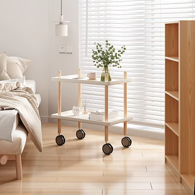 Two Tier Wooden Side Table with Wheels Featuring Green Plant and Coffee Mug 3d model