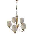 Tech Exhibition Hall Interior With Chandelier Featuring Five White Shades Gold Metal Frame And Chain