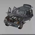 Blue Minivan with Open Doors and Hood Revealing Engine and Interior Details