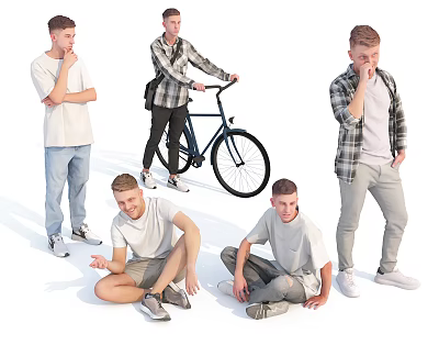Group of Young Men in Various Poses Including Standing Sitting and Bicycle 3d model Group of Young Men in Various Poses Including Standing Sitting and Bicycle 3d model
