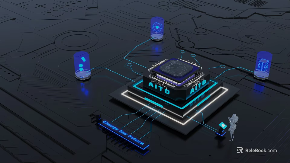 Cartoon Scene of AITO 100 Chip with Blue Glowing Connections and Transparent Containers 3d model 