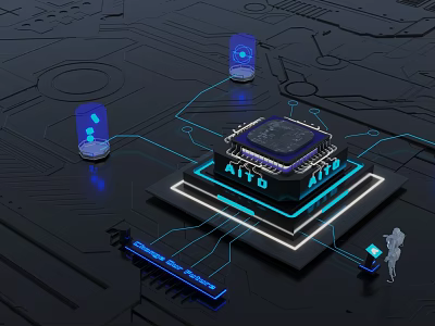 Cartoon Scene of AITO 100 Chip with Blue Glowing Connections and Transparent Containers 3d model