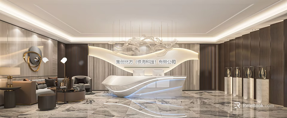 Modern Elegant Reception Desk In Lobby With Marble Floor Artistic Chandelier And Sofa 3d model 