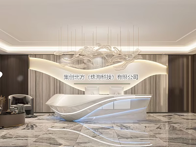 Modern Elegant Reception Desk In Lobby With Marble Floor Artistic Chandelier And Sofa 3d model