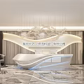 Modern Elegant Reception Desk In Lobby With Marble Floor Artistic Chandelier And Sofa