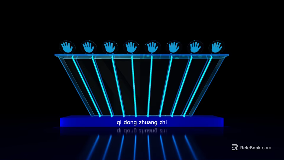 Blue Glowing Hand Palms Activation Device On Illuminated Stand Structure Design 3d model 