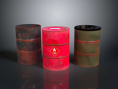Household Supplies Three Metal Storage Drums In Red Green Brown With Warning Sign Design 3d model