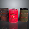 Household Supplies Three Metal Storage Drums In Red Green Brown With Warning Sign Design