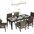 Modern Dining Table Set With Brown Beige Chairs Dinnerware Vase And Hanging Light 3d model