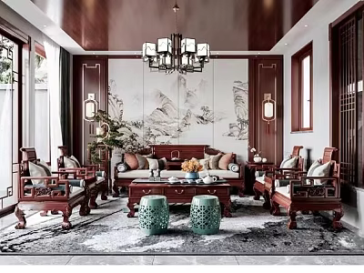 Traditional Chinese Living Room With Redwood Furniture Chandelier And Landscape Painting Backdrop 3d model