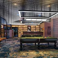 Elegant Modern Billiard Room Interior With Green Tables Ceiling Lights And Patterned Carpet