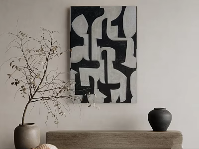 Abstract Black And White Wall Art With Twig Decoration And Ceramic Vases On Wooden Tabletop 3d model
