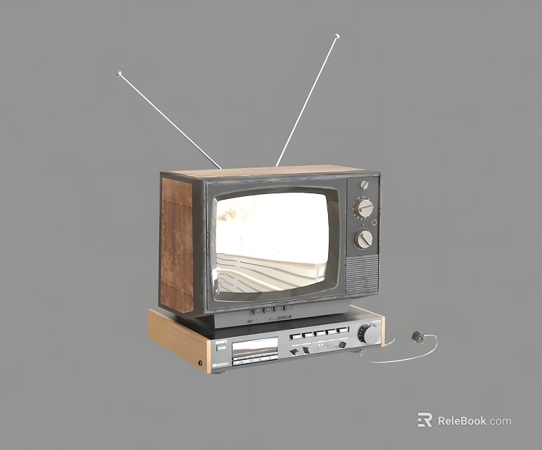 Vintage Television With Wooden Case Antennas White Screen And Retro Device Base 3d model 