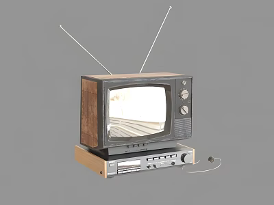 Vintage Television With Wooden Case Antennas White Screen And Retro Device Base 3d model