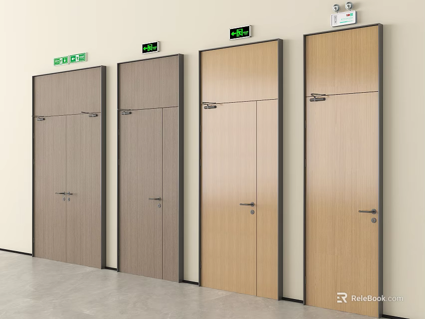 Interior With Emergency Exit Doors Various Colors On Wall And Surveillance Camera 3d model 