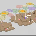 Outdoor Check-in Photo Spot With Colorful Flower Shaped Umbrellas SUNSET Sign And Pink Cushions