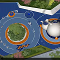 Modern Children's Playground With Blue Floor Central Tree Colorful Structures And Green Plants