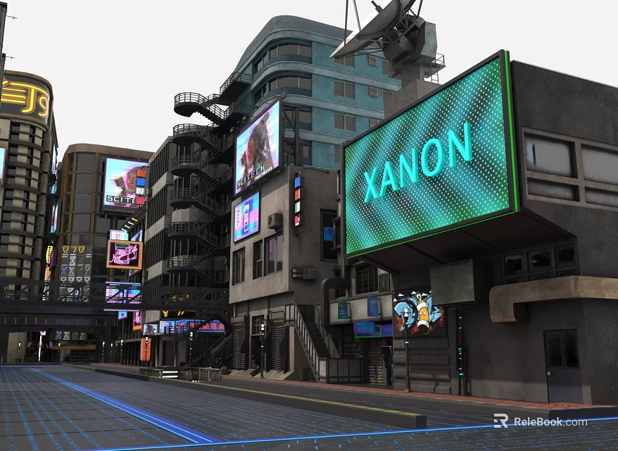 Futuristic City Street With XANON Billboard Tall Buildings Digital Screens And Neon Lights 3d model 