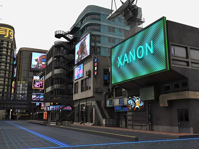 Futuristic City Street With XANON Billboard Tall Buildings Digital Screens And Neon Lights 3d model