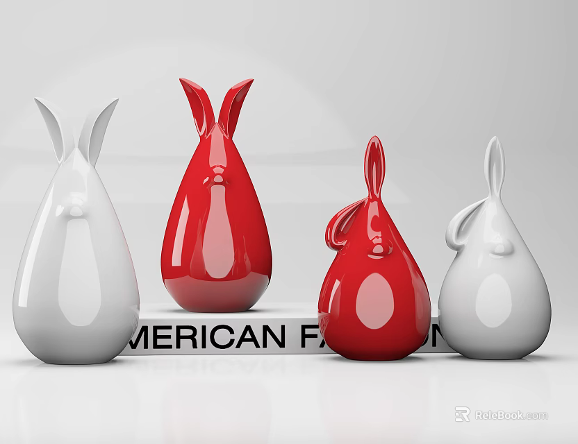 Modern Red And White Rabbit Shaped Decorative Ornament Set With Glossy Finish American Design 3d model 