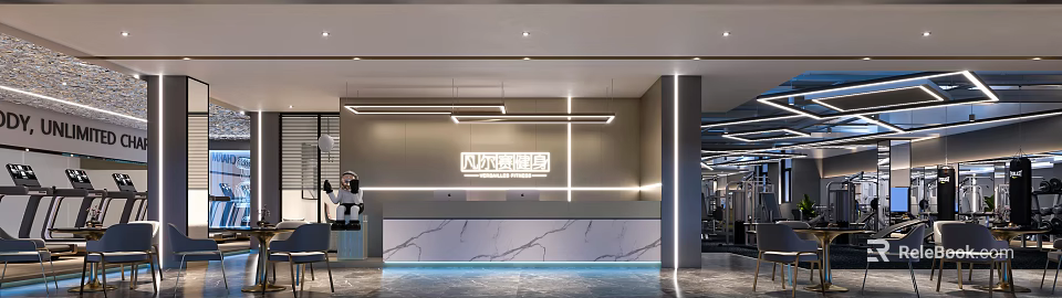Modern Fitness Gym Reception Area With Marble Countertop And Lighting Design 3d model 