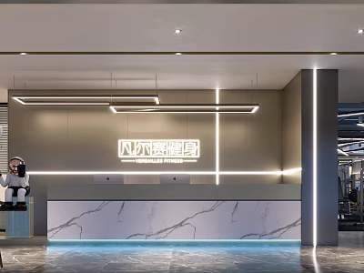 Modern Fitness Gym Reception Area With Marble Countertop And Lighting Design 3d model