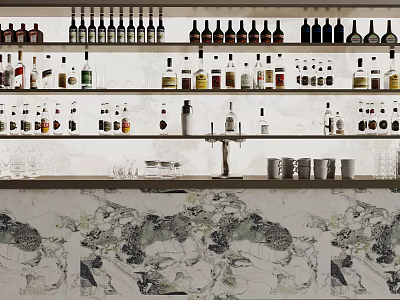 Elegant Wine Cabinet with Various Wine Bottles and Bar Counter Setup 3d model