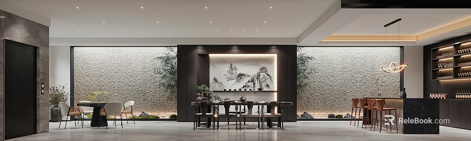 Chinese Style Basement Interior With Landscape Mural Furniture And Plants 3d model 