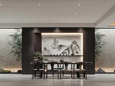 Chinese Style Basement Interior With Landscape Mural Furniture And Plants 3d model