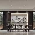 Chinese Style Basement Interior With Landscape Mural Furniture And Plants