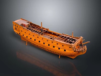 Detailed Wooden Ship Model Displaying Hull Structure And Craftsmanship Features 3d model