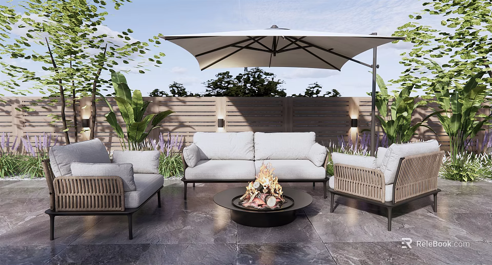 Comfortable Outdoor Sofa With Wicker Chairs Fire Pit And Umbrella For Cozy Patio Garden Setting 3d model 