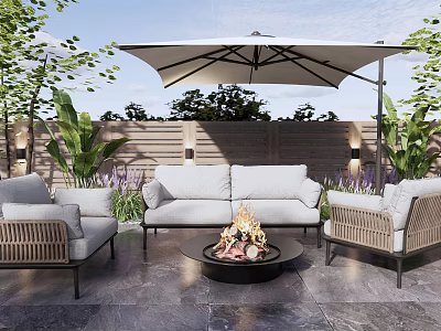 Comfortable Outdoor Sofa With Wicker Chairs Fire Pit And Umbrella For Cozy Patio Garden Setting 3d model