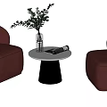 Modern Red Sofas and Coffee Table Set with Round Black Base and Vase Plant Decor 3d model