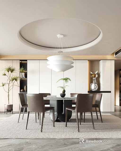 Modern Restaurant Interior Design With Dining Table Chairs Hanging Pendant Light And Green Plants 3d model 