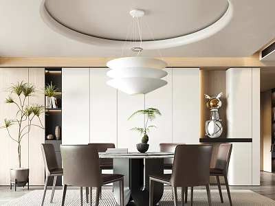 Modern Restaurant Interior Design With Dining Table Chairs Hanging Pendant Light And Green Plants 3d model