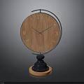 Table Clock With Wooden Dial Metal Frame And Black Orange Base Stand