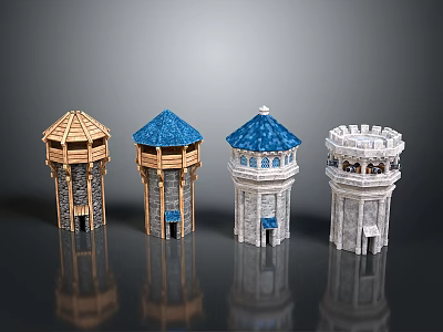 Four Diverse Style Tower Architecture Models With Wooden Stone And Blue Roof Designs 3d model