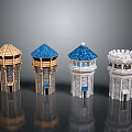 Four Diverse Style Tower Architecture Models With Wooden Stone And Blue Roof Designs