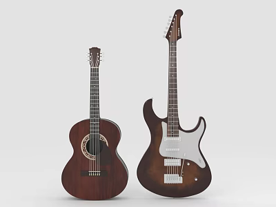 Two Musical Instruments Acoustic and Electric Guitars with Wooden Bodies 3d model