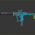 Modern Turquoise Tactical Firearm With Black Barrel Scope And Yellow Accents