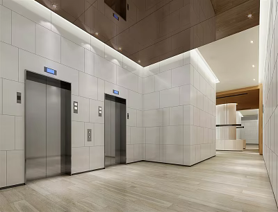 Modern Elevator Lobby With Recessed Lighting Stainless Steel Doors White Tile Walls And Wooden Floor 3d model