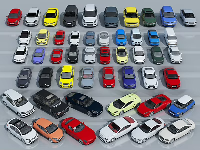Collection of Various Colored Cars in Different Models Arranged in Rows 3d model